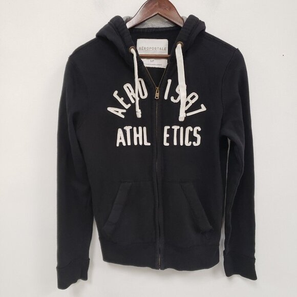 Aeropostale Mens Full Zip Hoodie Size S Black Logo Athleisure Workout Gym Y2K